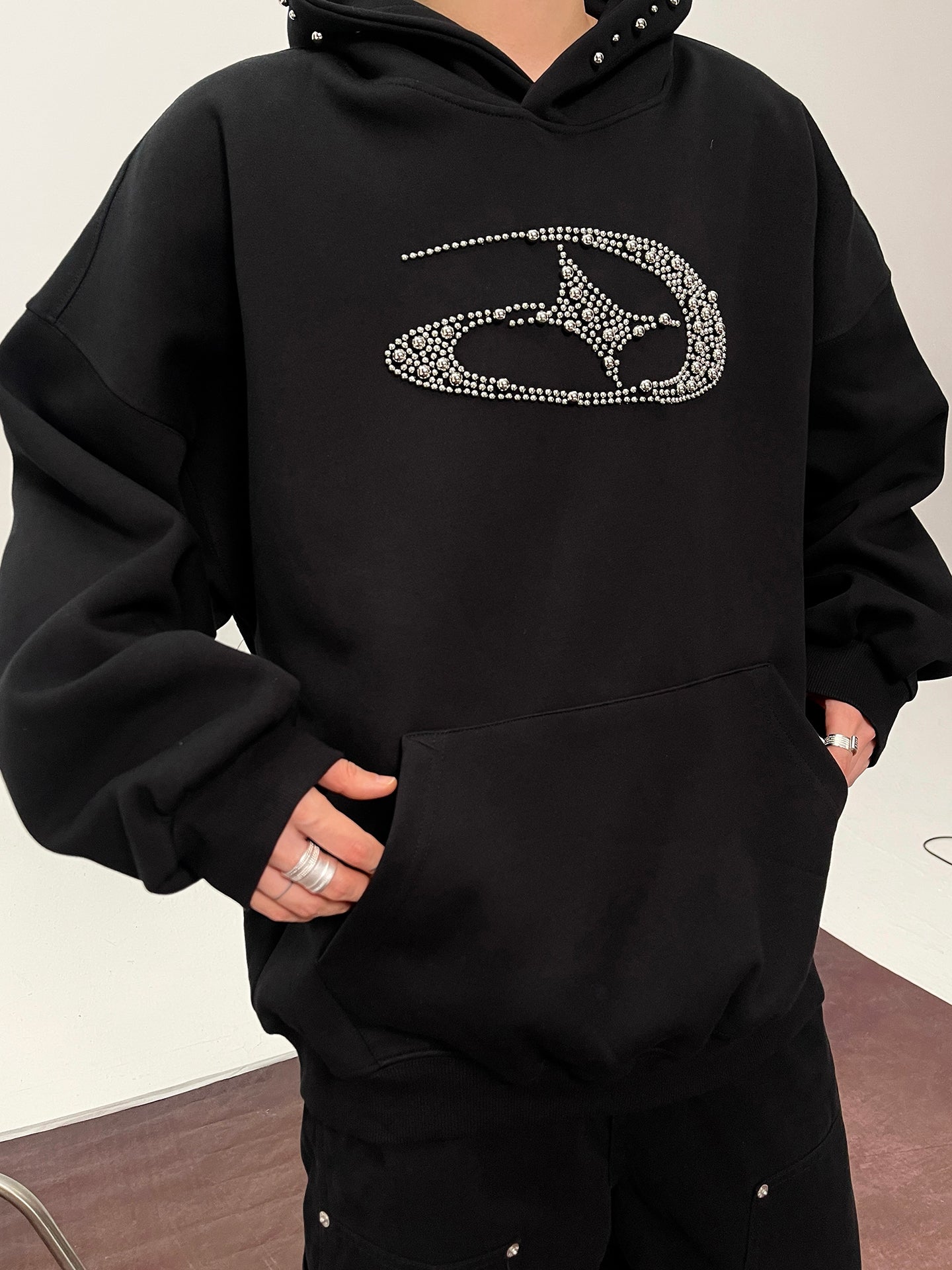 【評価★4.8以上／高品質】Rhinestone Logo Oversized Hoodie mry001901