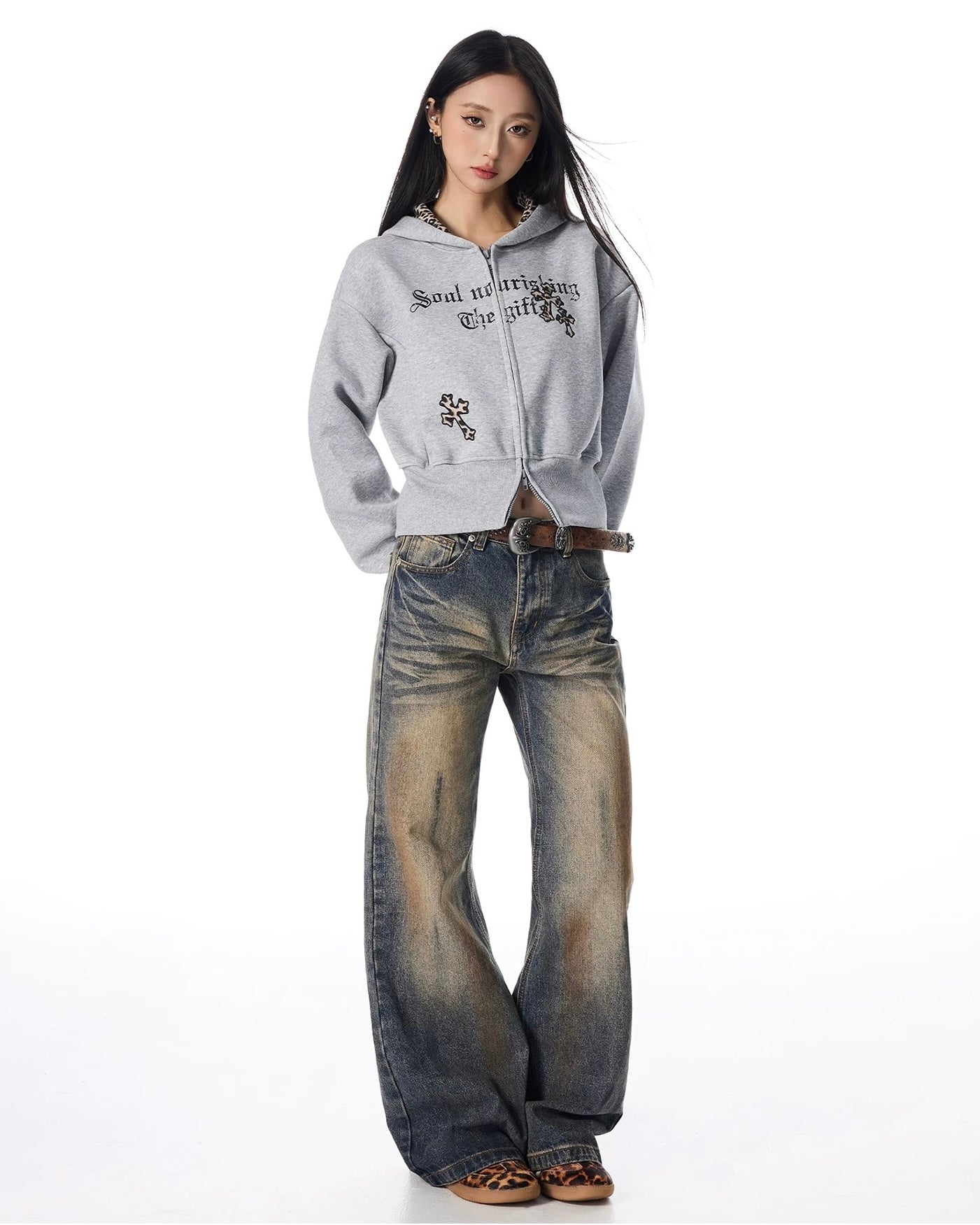 【評価★4.8以上／Tops】Leopard Lined Gothic Cross Zip Hoodie mry001904