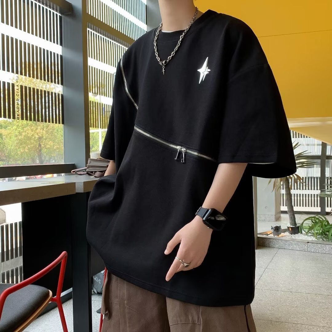 2023SS ジッパー デザイン 半袖 Tシャツ メンズ ブラック 韓国ストリート 韓国モード　mry000901