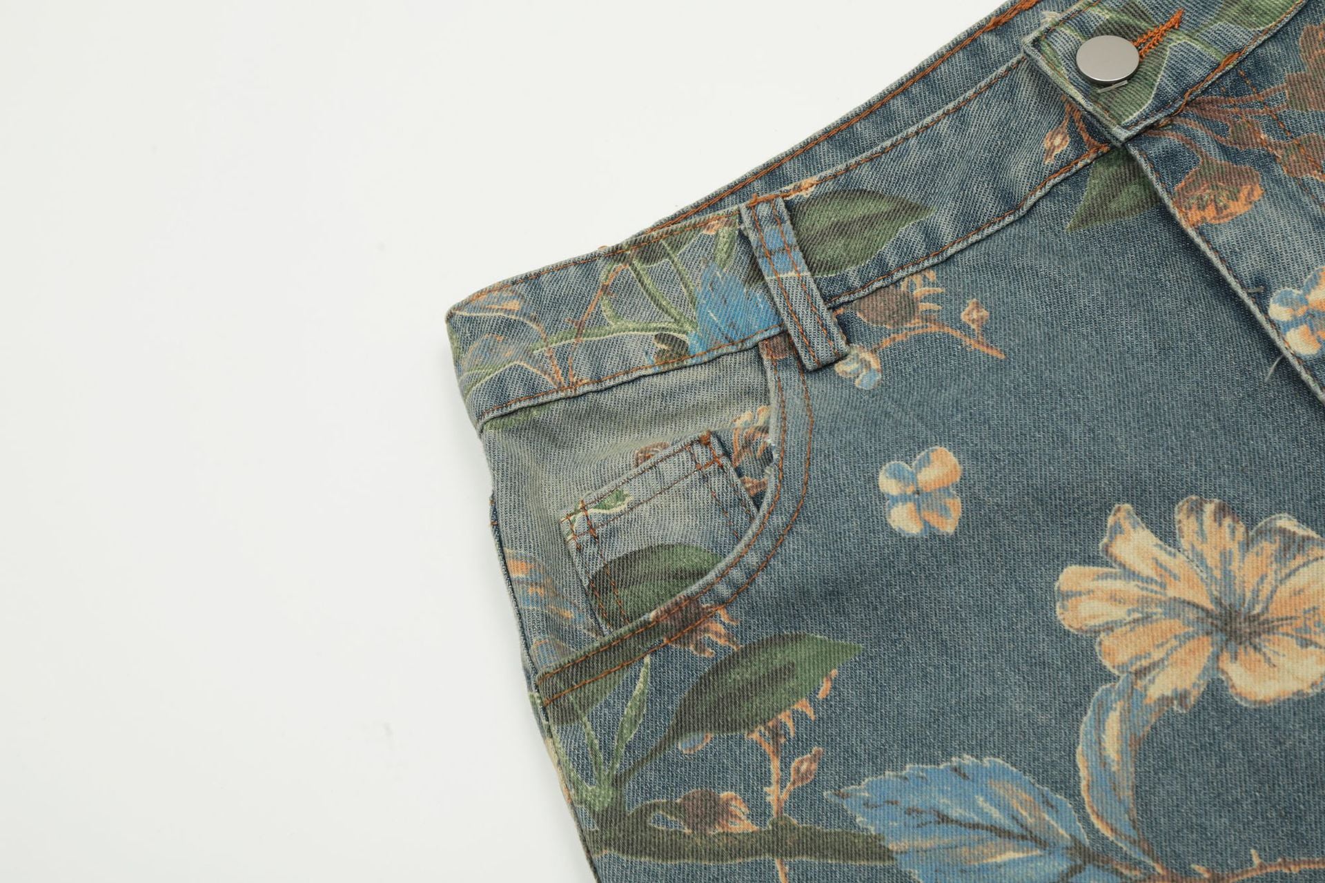 Vintage Floral Wide-Leg Denim Pants mry001734