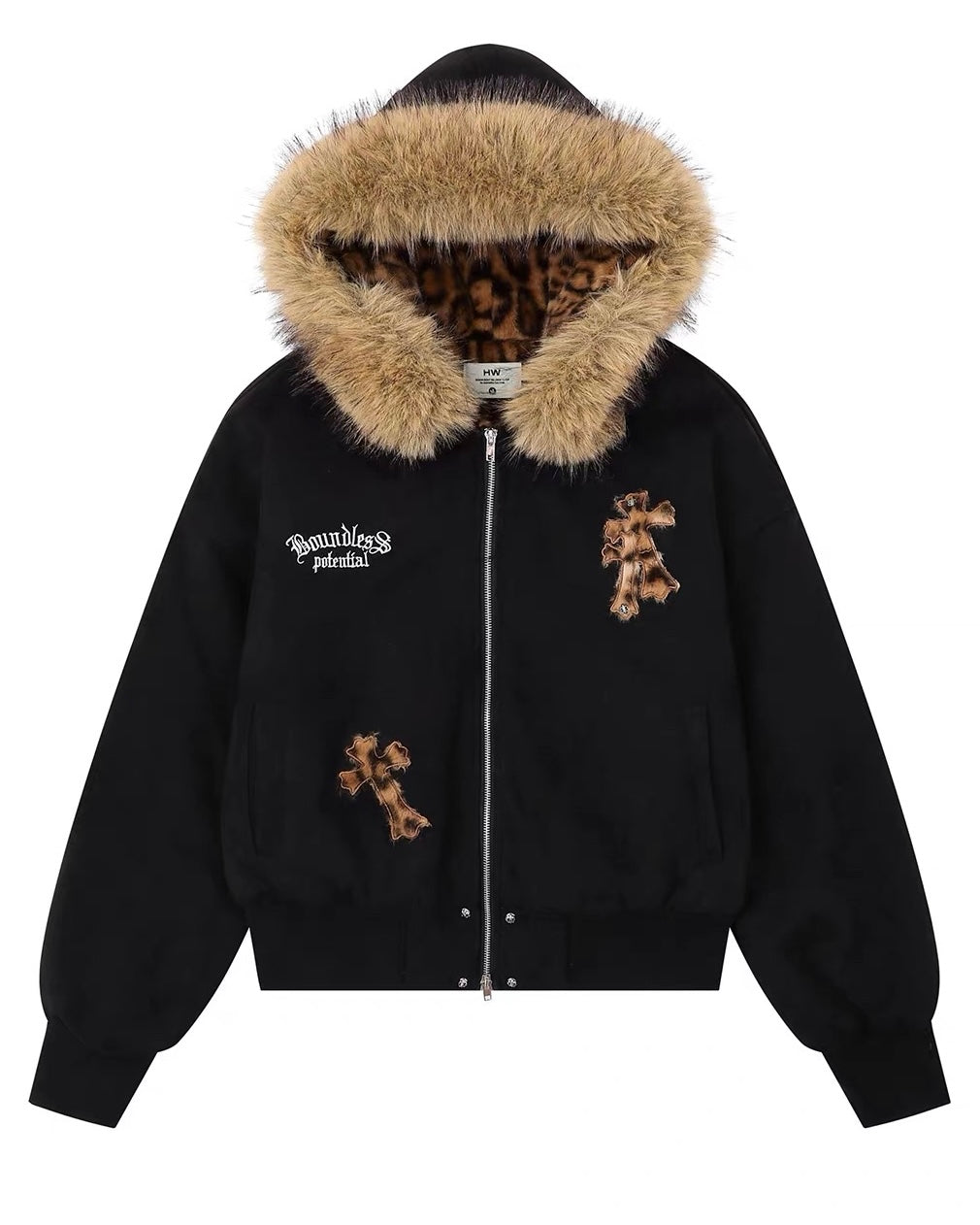 Leopard Lined Fur Hood Jacket mry002068