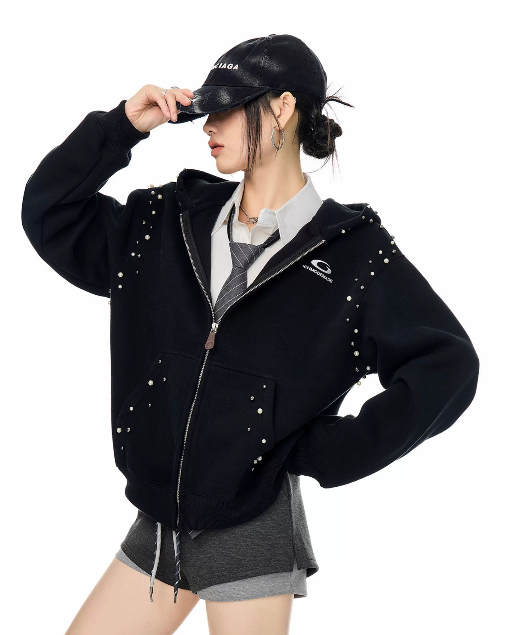 【Tops】Pearl Studded Oversized Zip Hoodie mry001895
