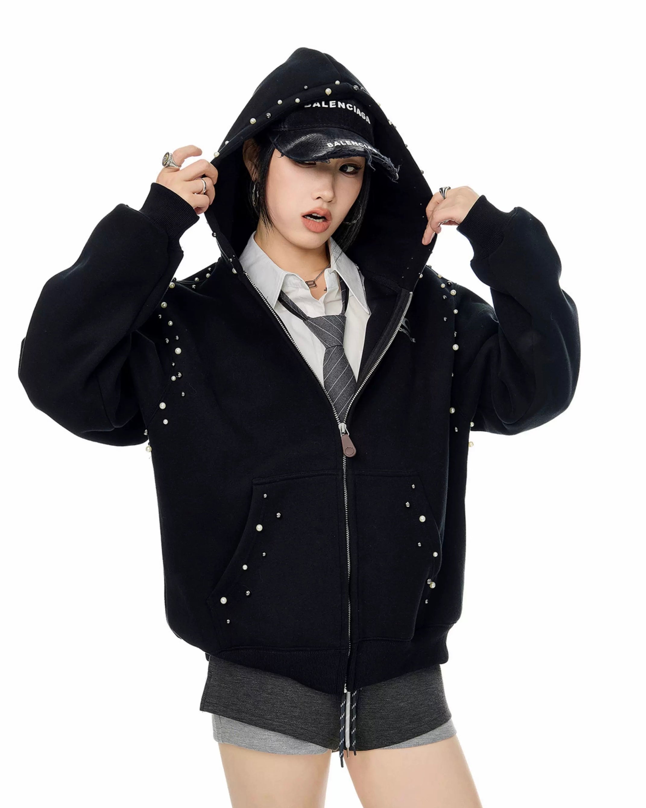 【Tops】Pearl Studded Oversized Zip Hoodie mry001895