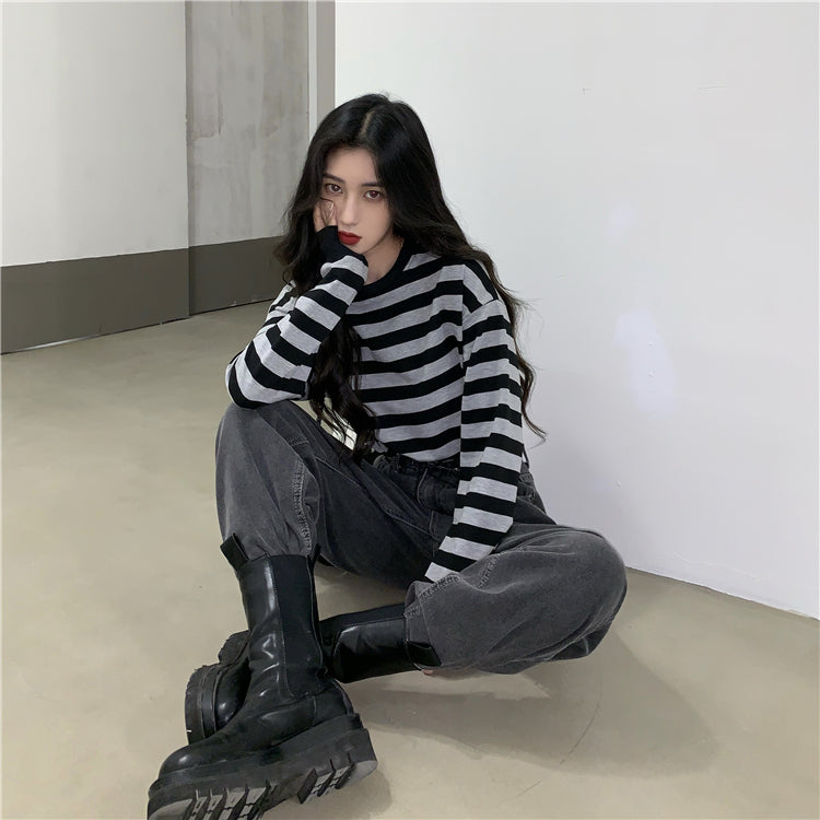ショート丈　ストライプ　ウエストマークTシャツ　mry000442
