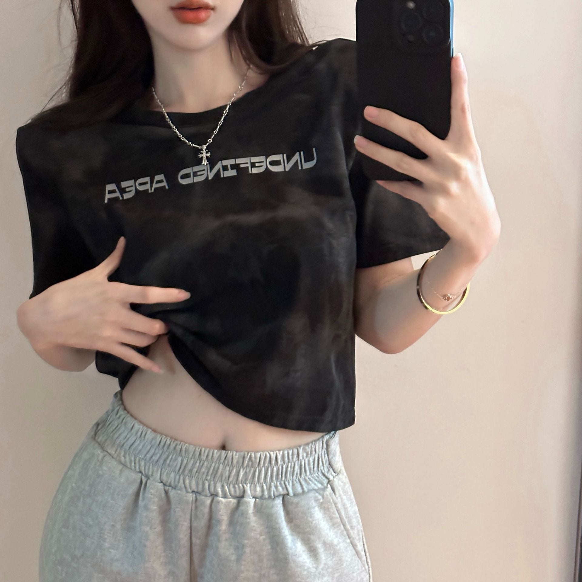 ２カラー展開 2023SS タイダイ柄 クロップド丈 レタリング 半袖 Tシャツ 韓国ストリート 韓国カジュアル　mry000840