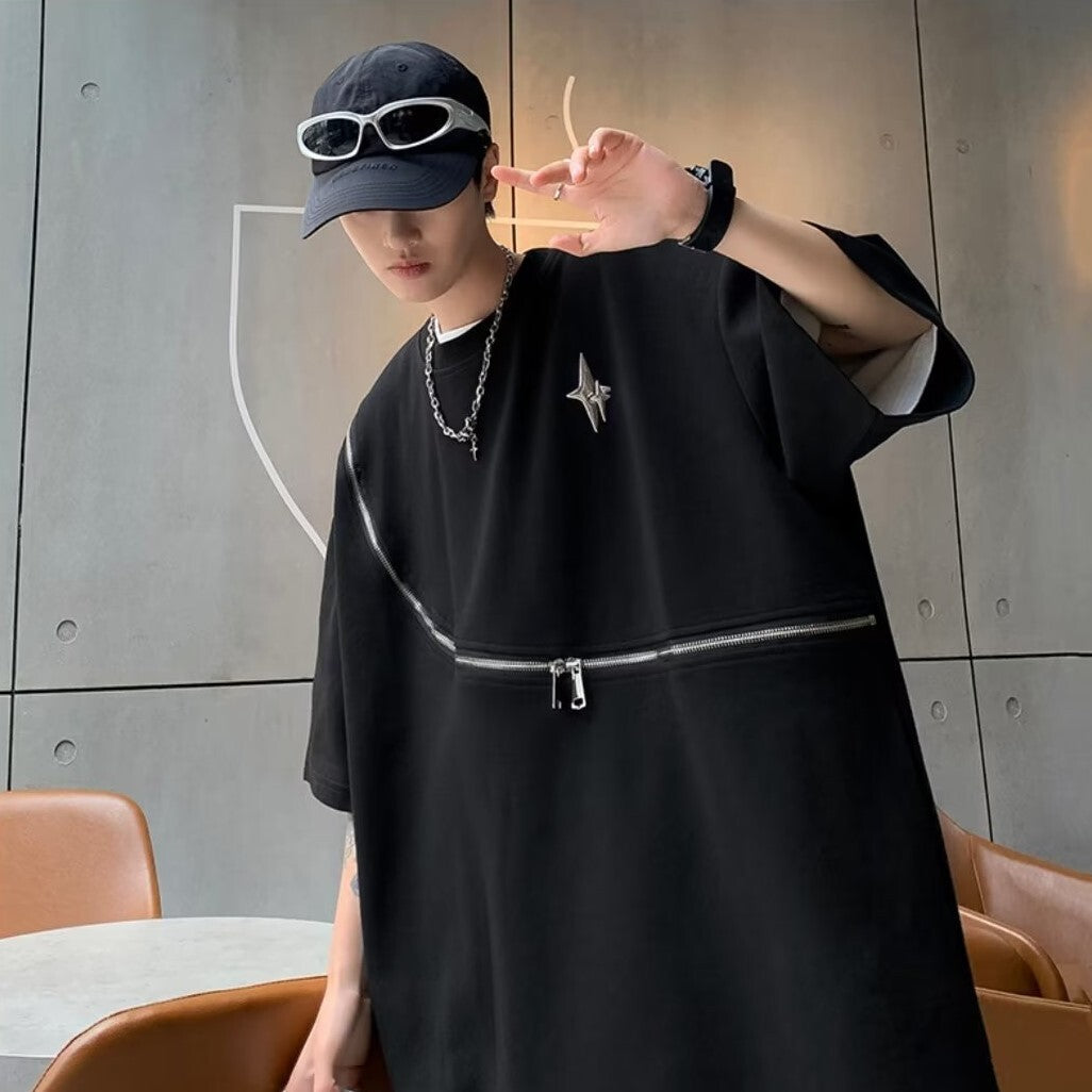2023SS ジッパー デザイン 半袖 Tシャツ メンズ ブラック 韓国ストリート 韓国モード　mry000901