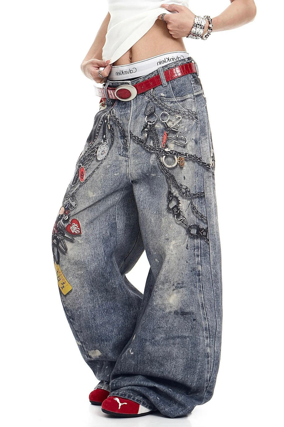 【COVER:FIT】Retro Keychain Graphic Wide Denim Pants mry001919