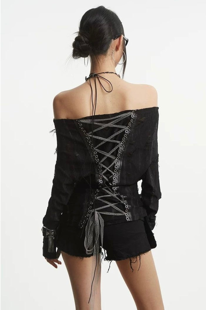 Lace-Up Off-Shoulder Top mry0022569