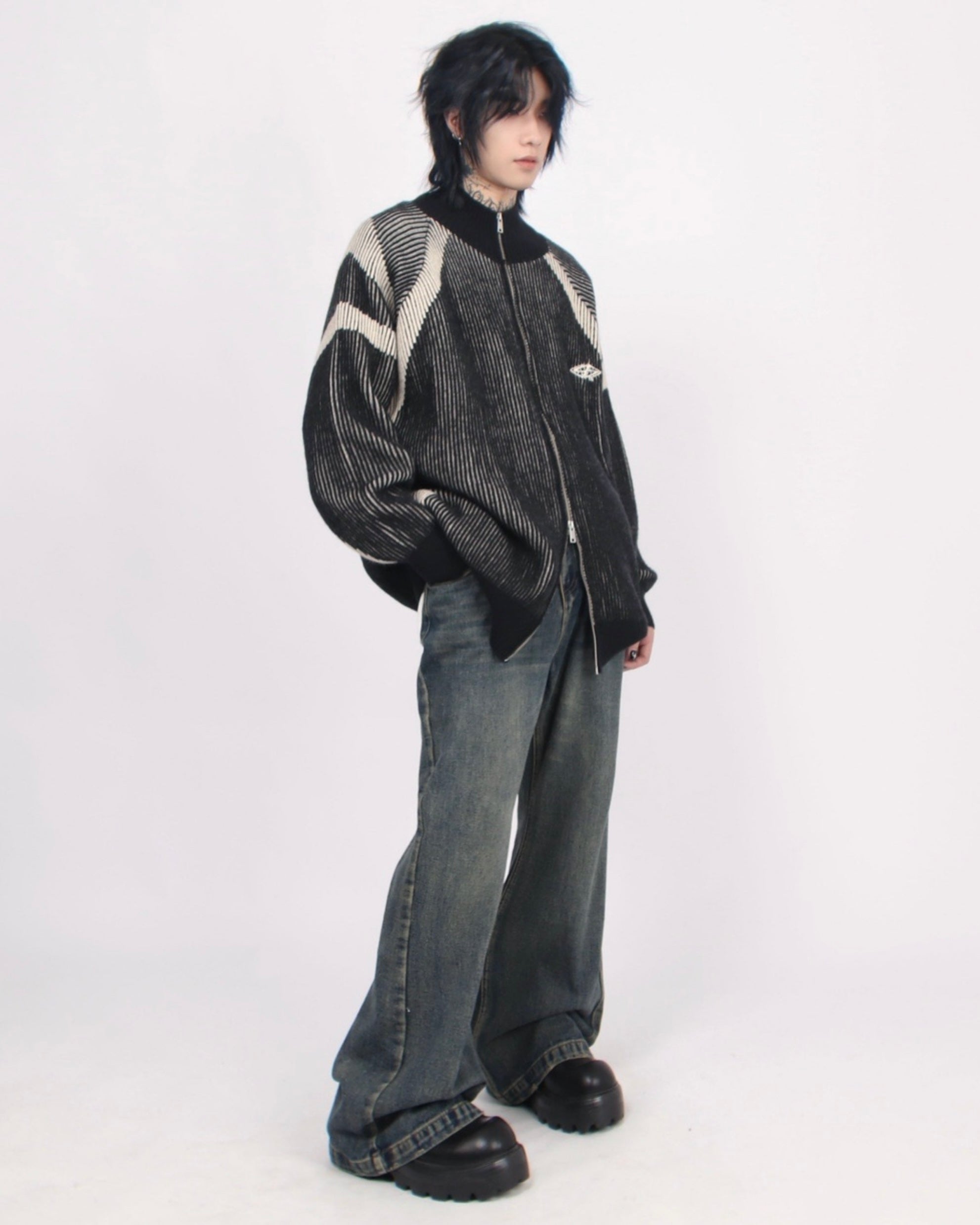 【評価★4.8以上／Tops】Two-Tone Stripe Zip Knit Cardigan mry001918