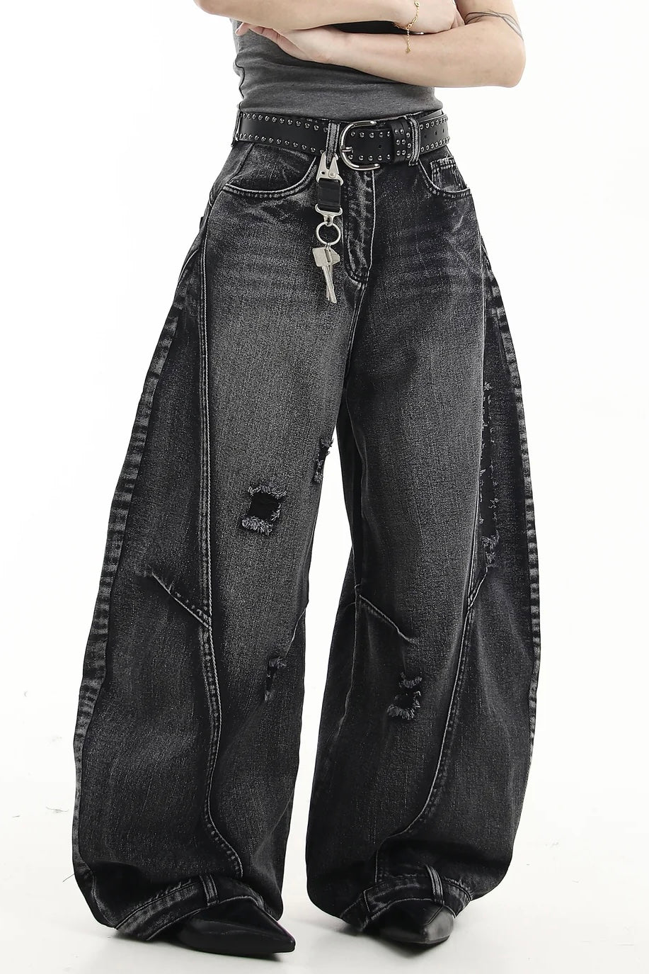 【COVER:FIT】 Vintage Washed Distressed Wide-Leg Denim Pants mry001868