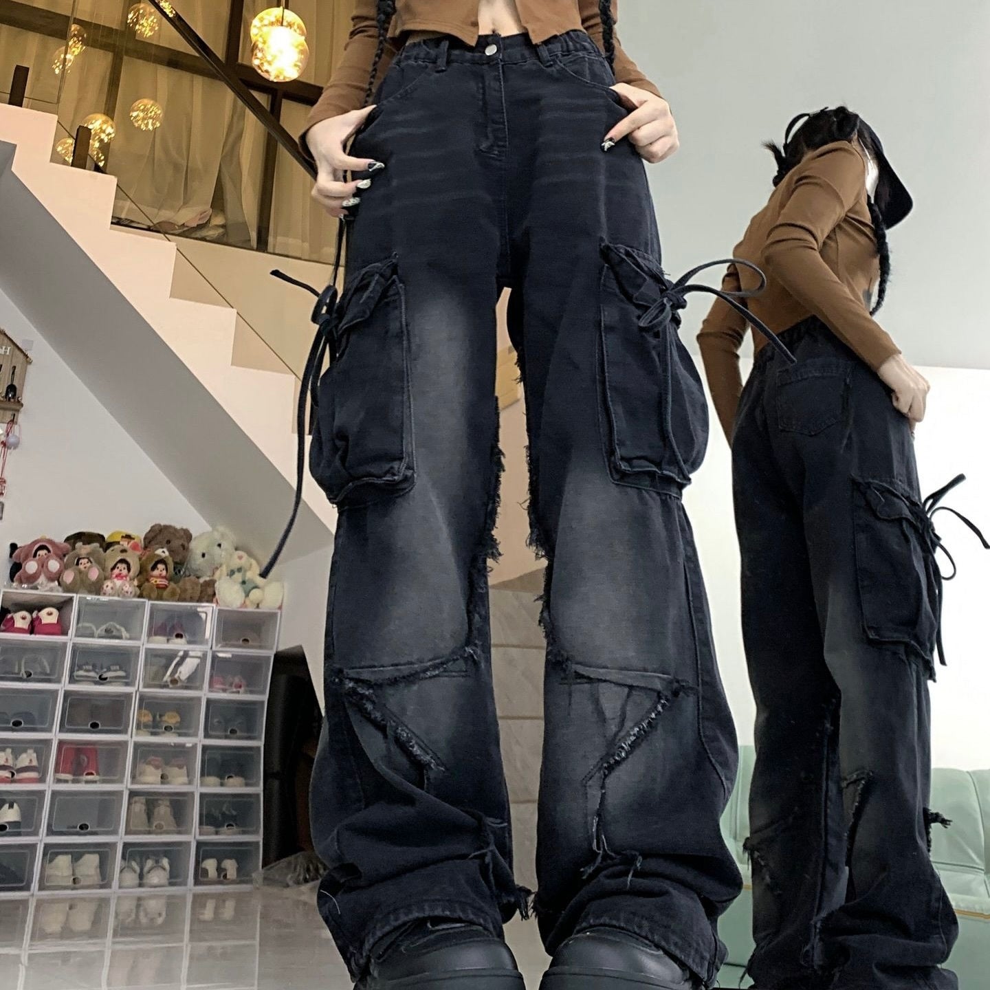 Denim Fabric Wide Cargo Pants  mry001232