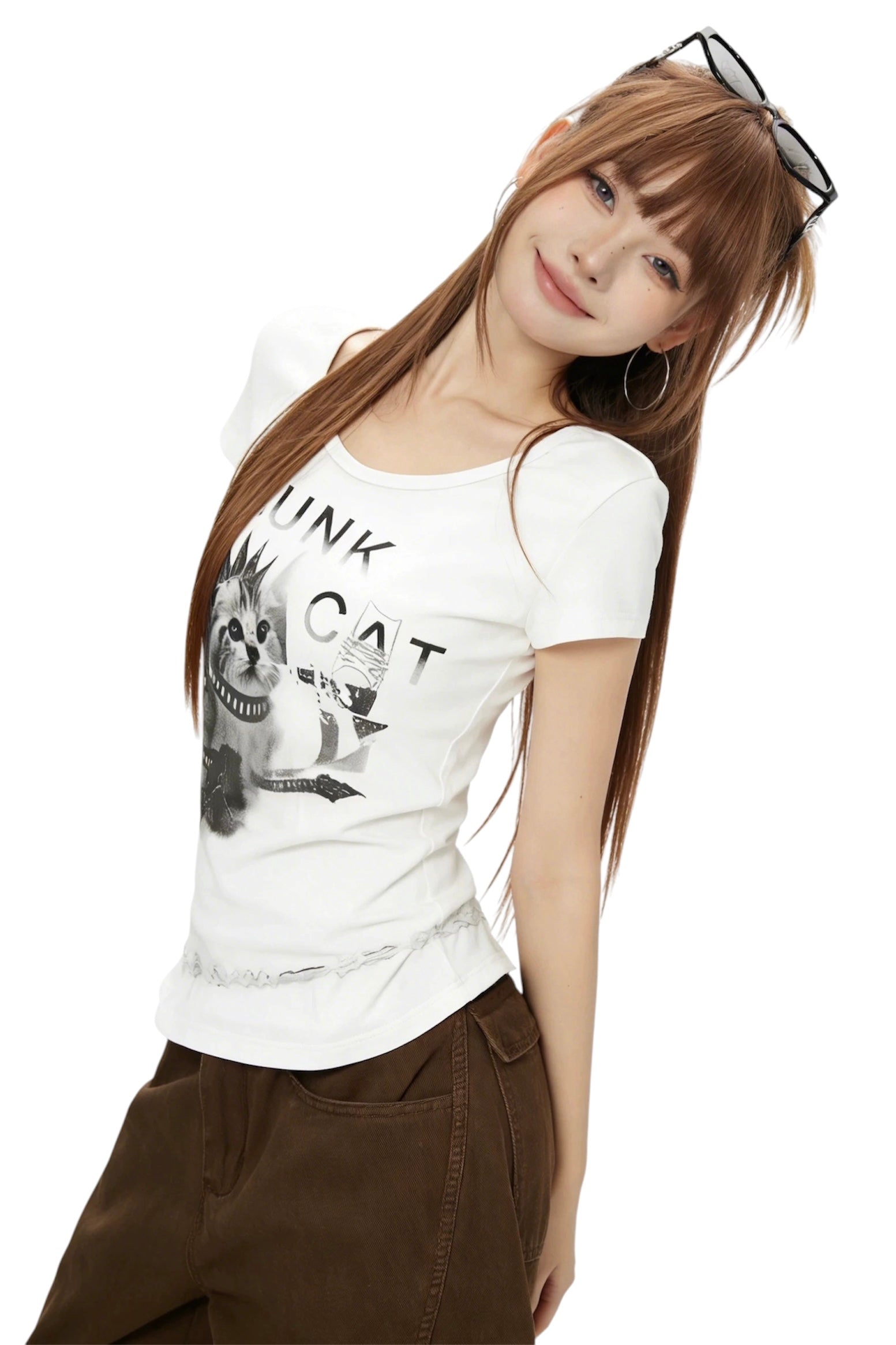 【トップス】パンクキャットグラフィックTシャツ mry002382