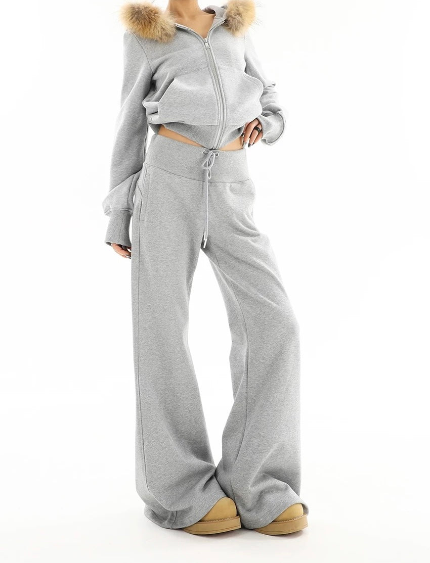 【Set-Up】Fur Hood Zip-Up & Wide-Leg Sweatpants Set-Up mry001892
