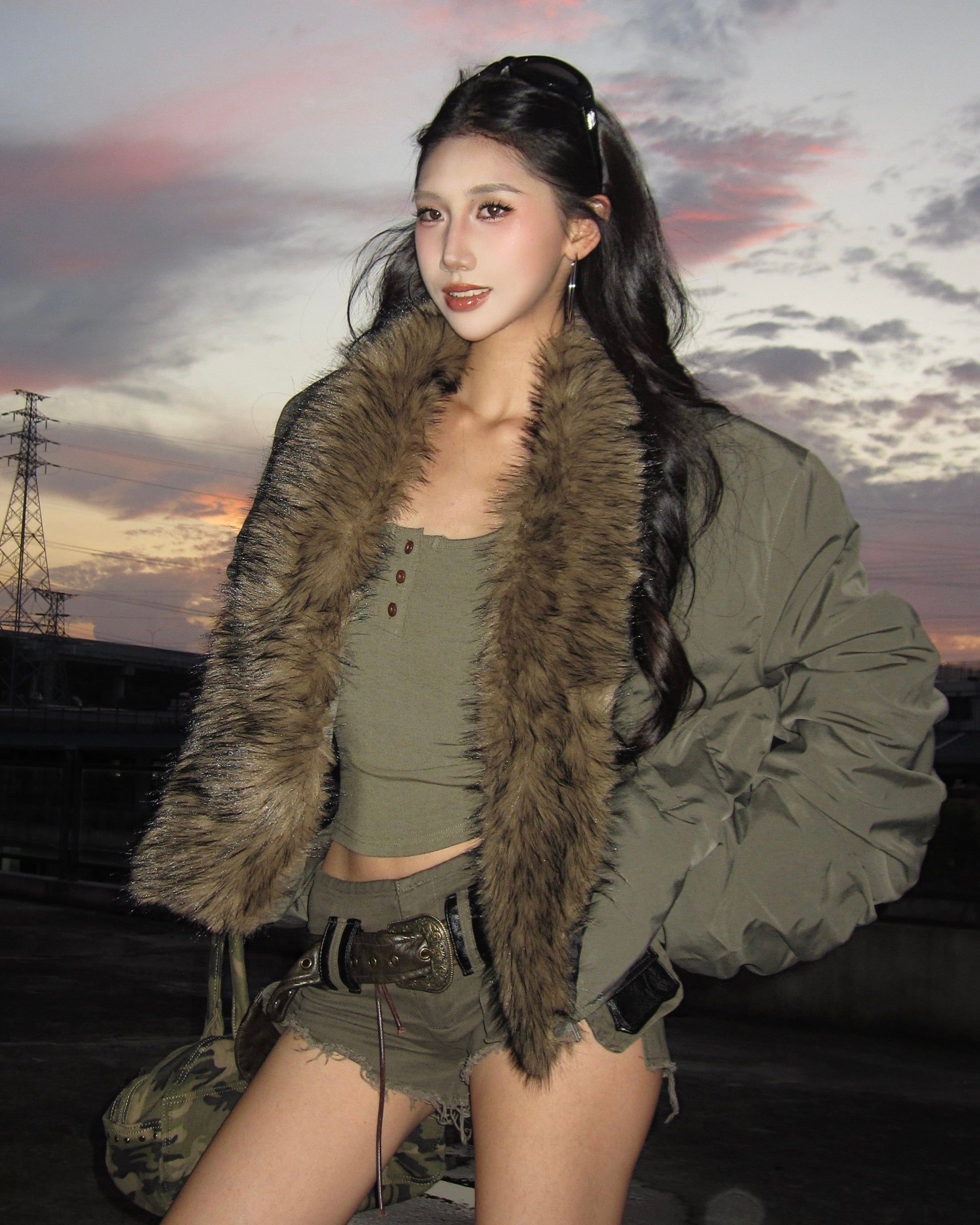 Faux Fur Collar Bomber Jacket mry002091