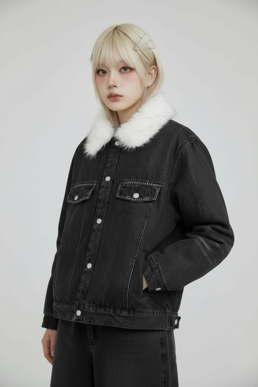 【2color】Faux Fur Collar Denim Jacket mry001824