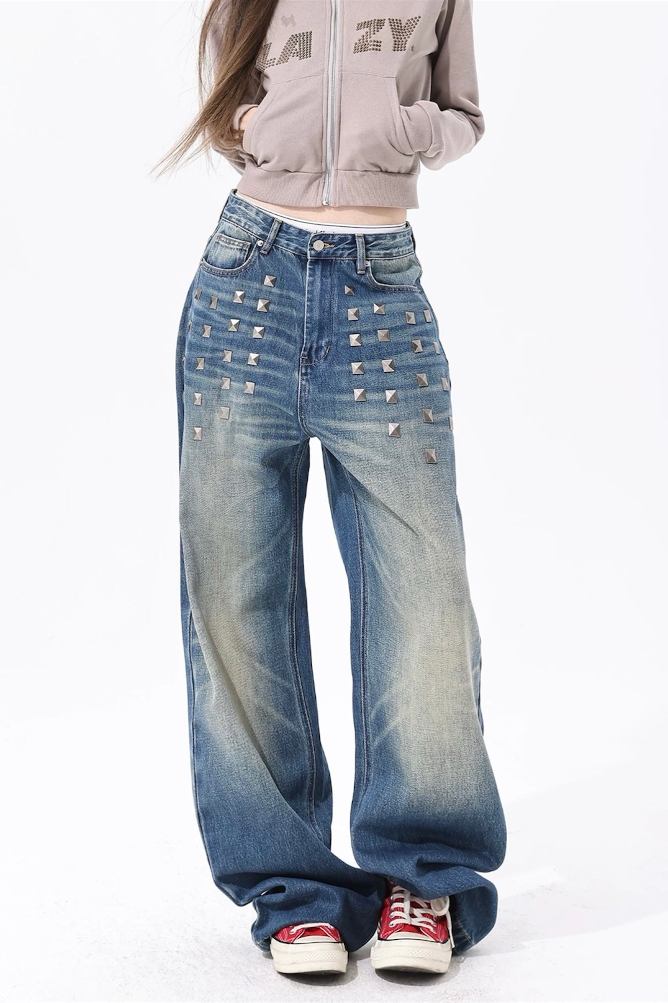 Studded Wide-Leg Denim Pants mry002244