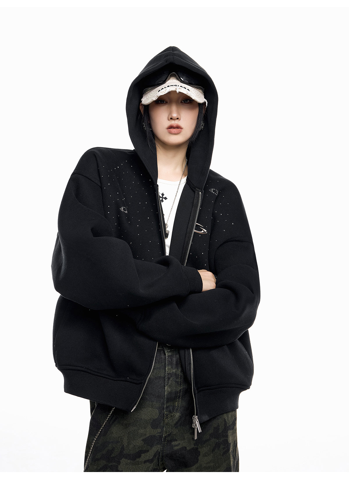 【評価★4.8以上／高品質】Rhinestone Embellished Oversized Zip Hoodie mry001898