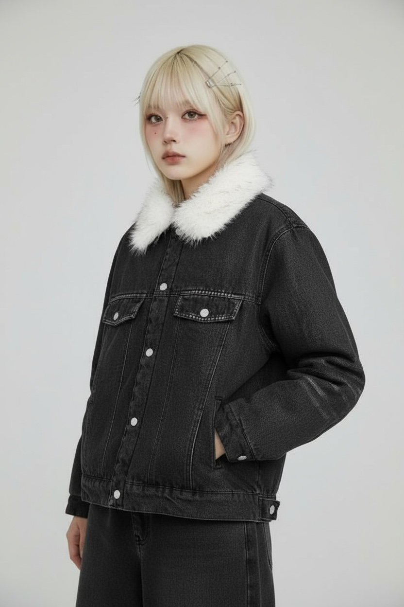 【2color】Faux Fur Collar Denim Jacket mry001824