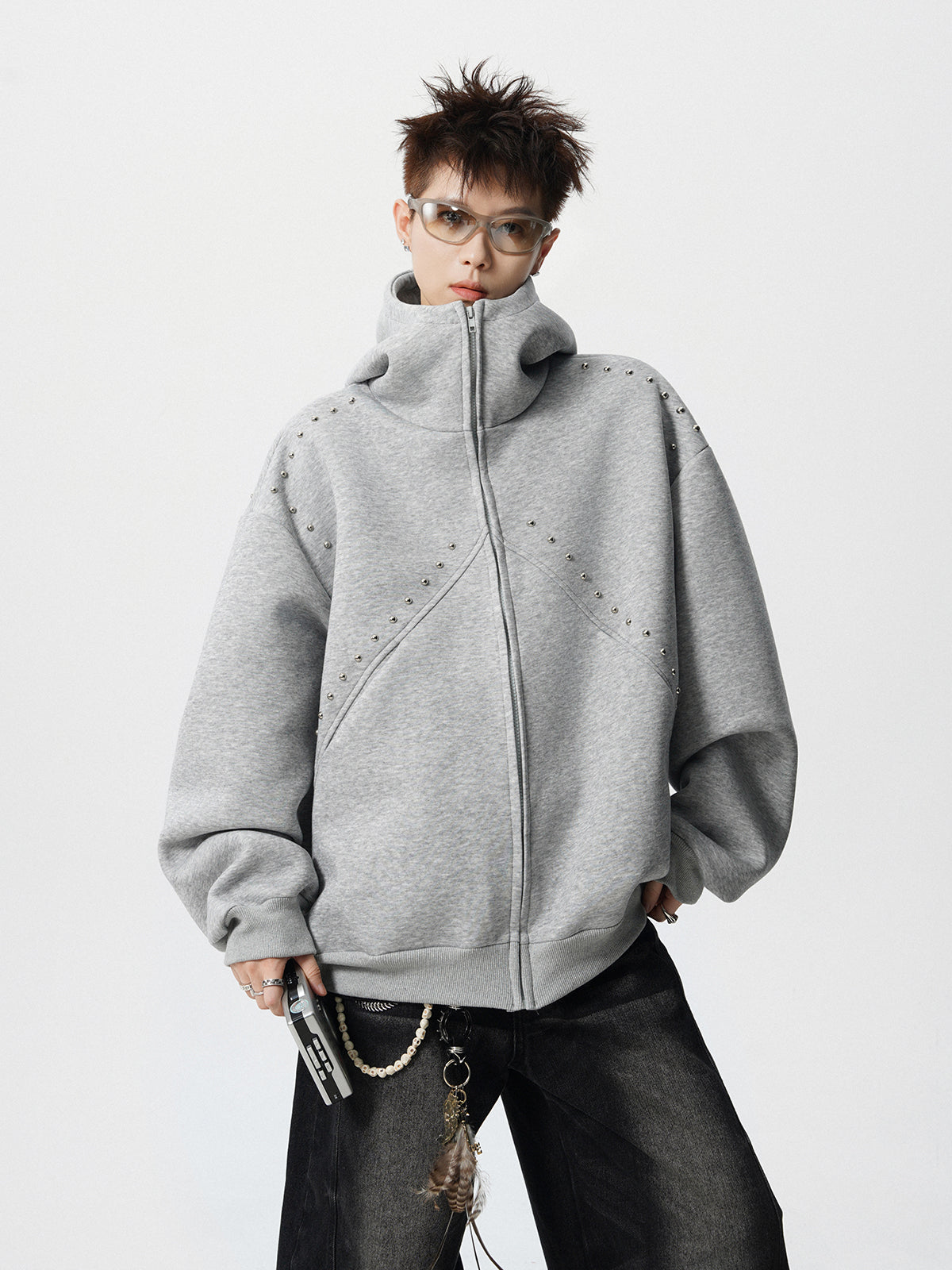 【評価★4.8以上／3color】Studded Oversized Zip Hoodie mry001897