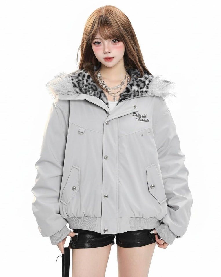 Leopard Lined Fur Hood Jacket mry002015