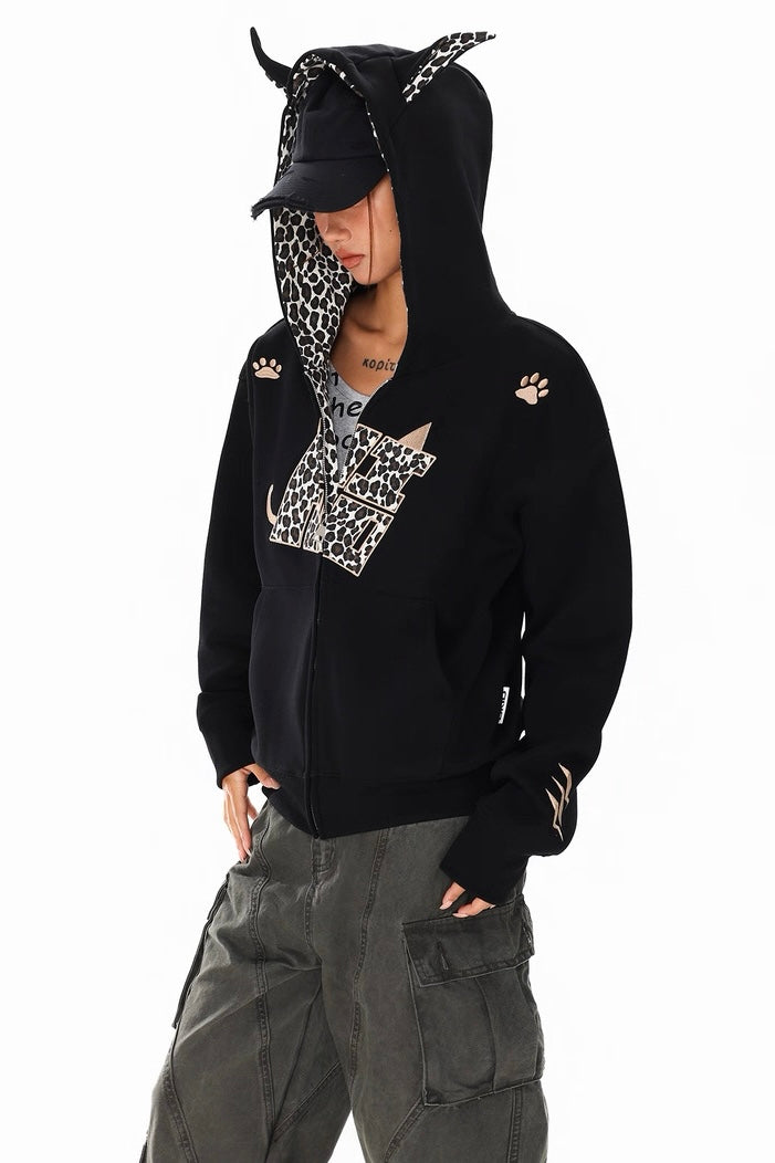 Leopard Cat Ear Zip Hoodie mry002296