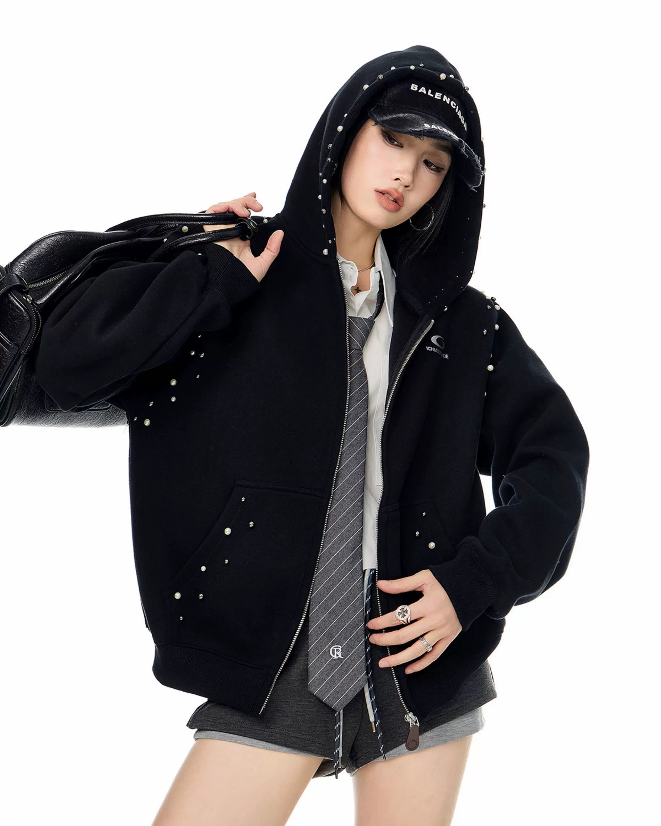 【Tops】Pearl Studded Oversized Zip Hoodie mry001895