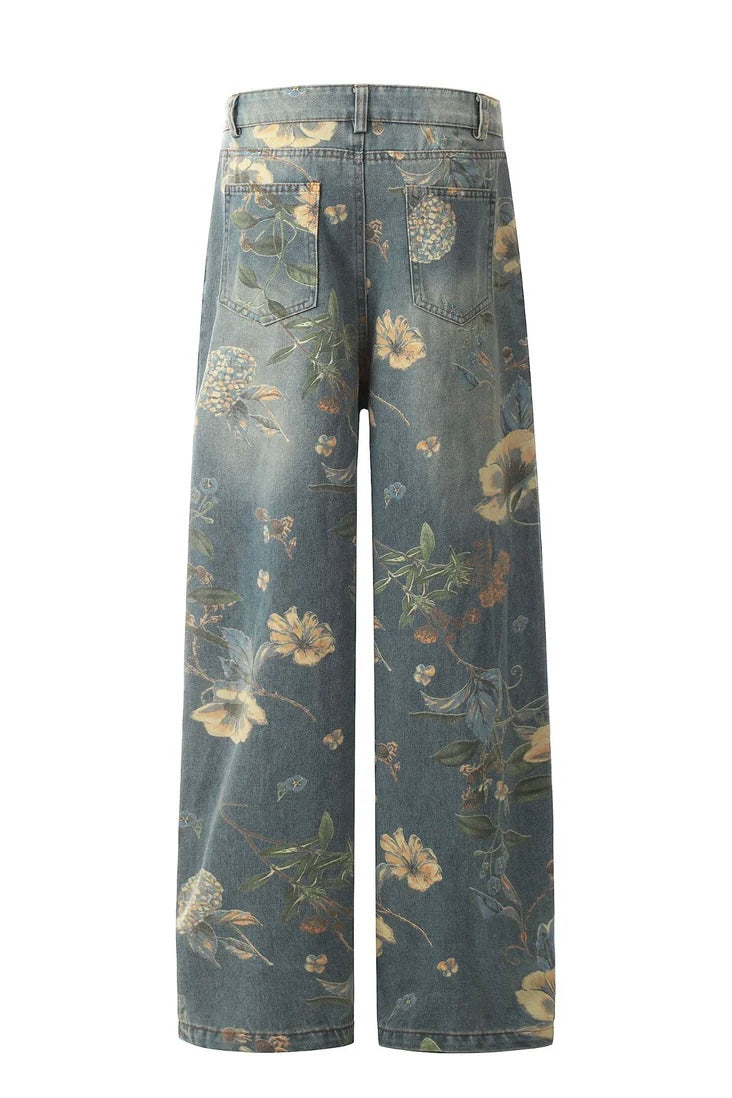 Vintage Floral Wide-Leg Denim Pants mry001734