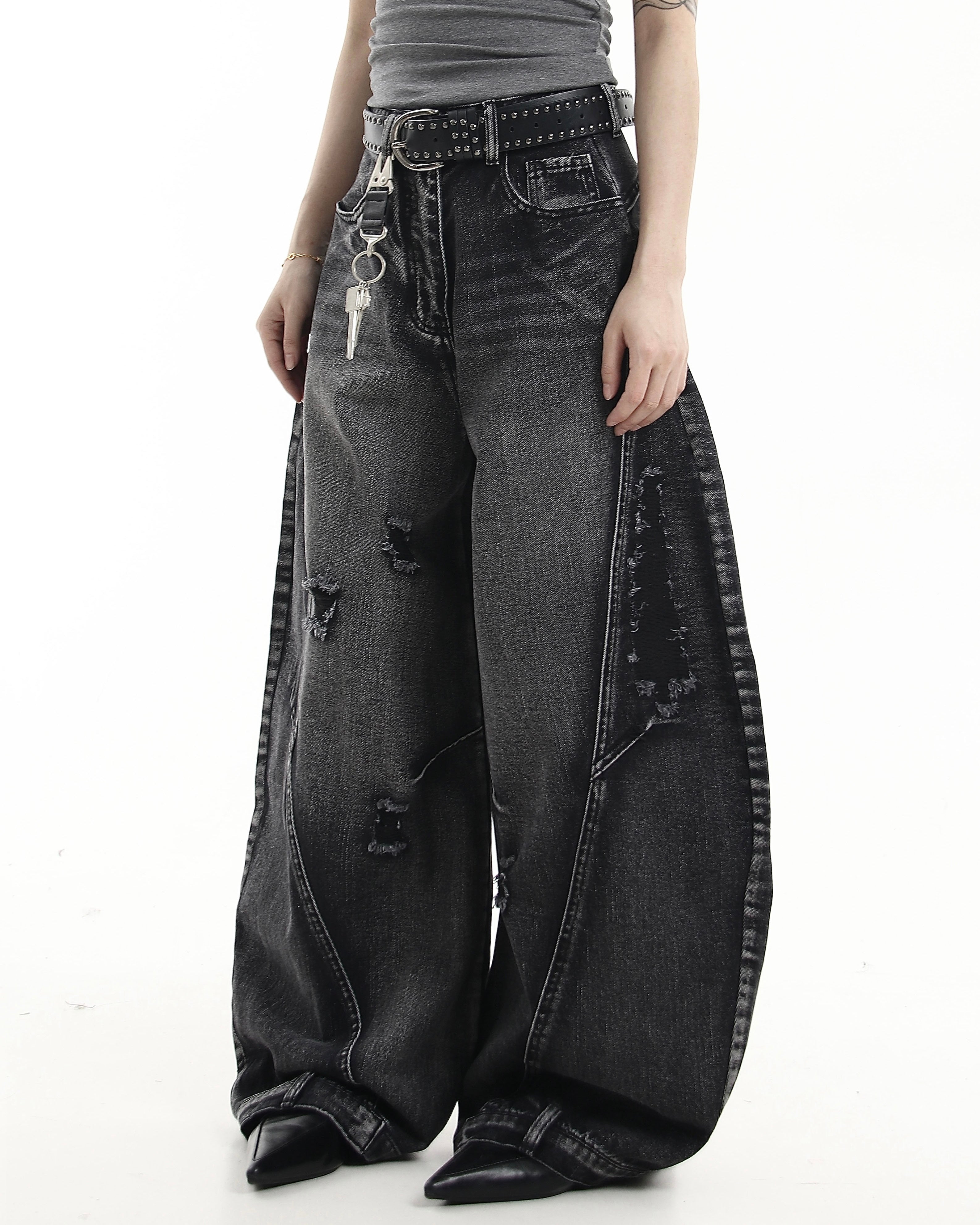 【COVER:FIT】 Vintage Washed Distressed Wide-Leg Denim Pants mry001868