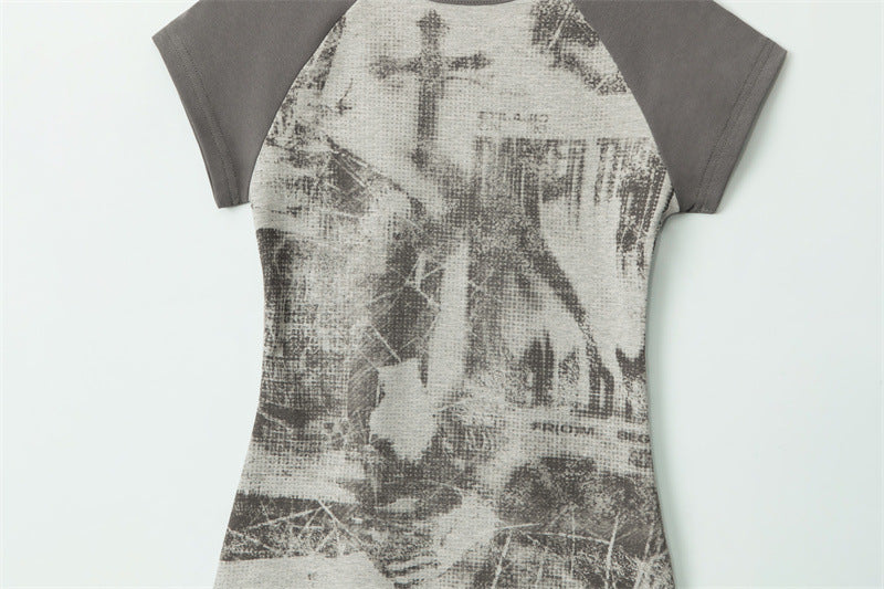 【2color】Distressed Cross Graphic Fitted T-Shirt mry001714