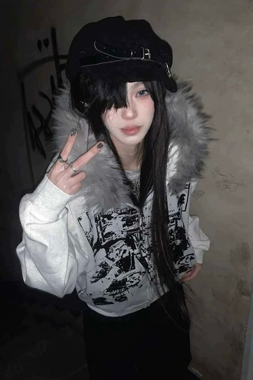 Fur Hood Graphic Zip Hoodie mry002176