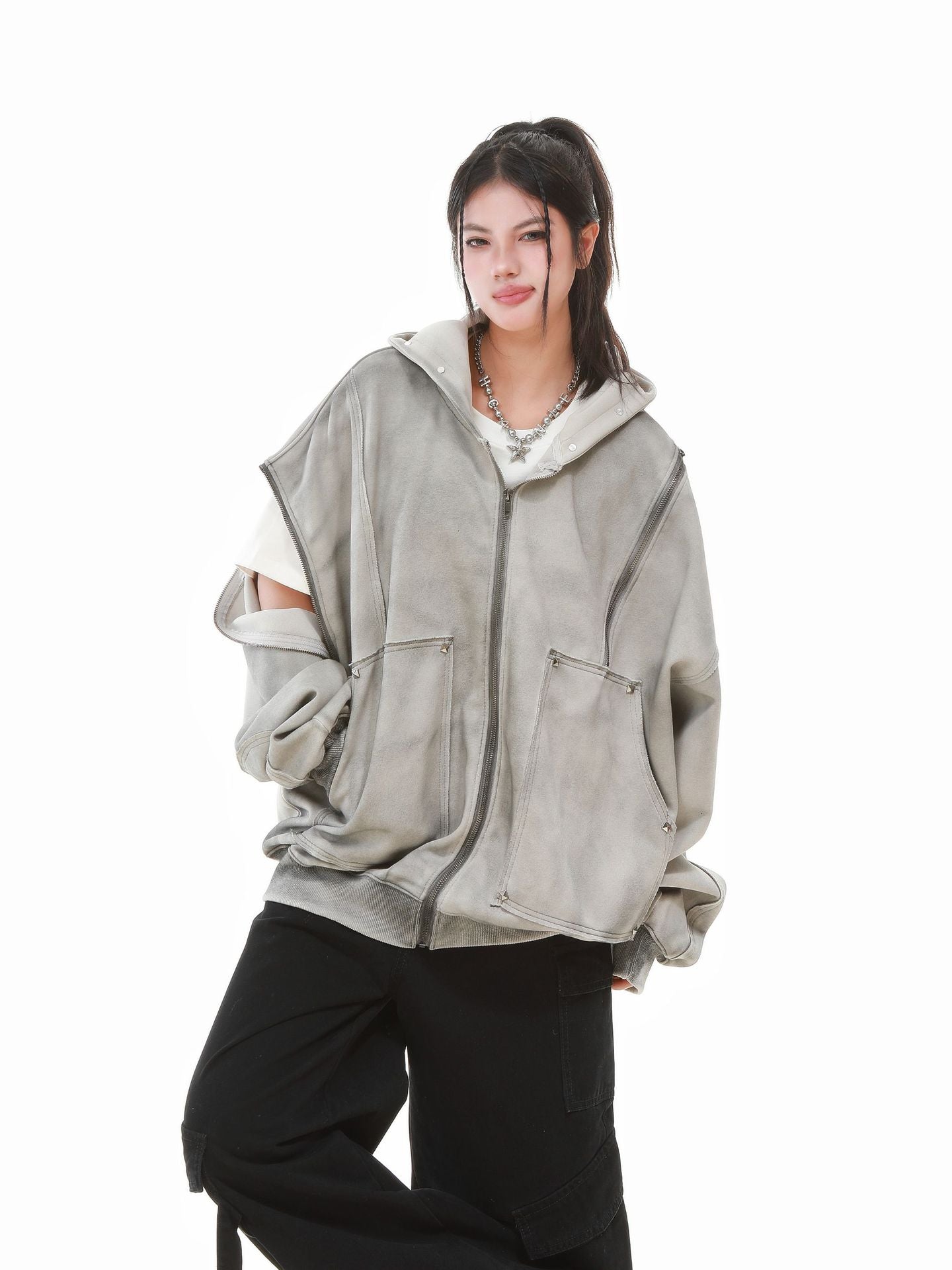 【評価★4.8以上】Vintage Washed Studded Overfit Hoodie Jacket mry001943