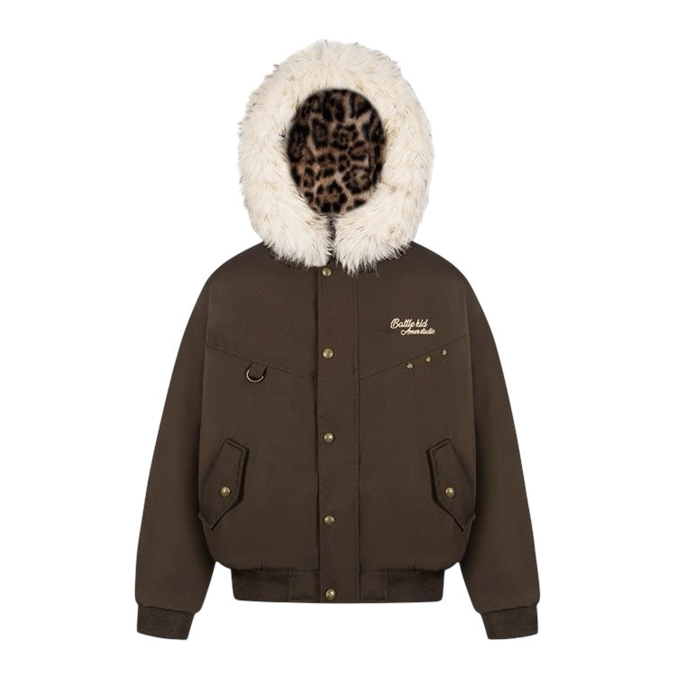 Leopard Lined Fur Hood Jacket mry002015