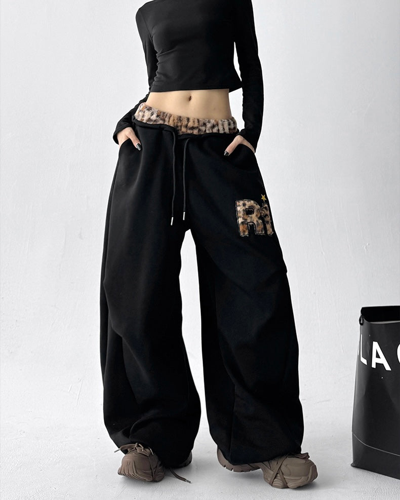 【YURU:FIT】Leopard Fur Waistband Baggy Sweatpants mry001875