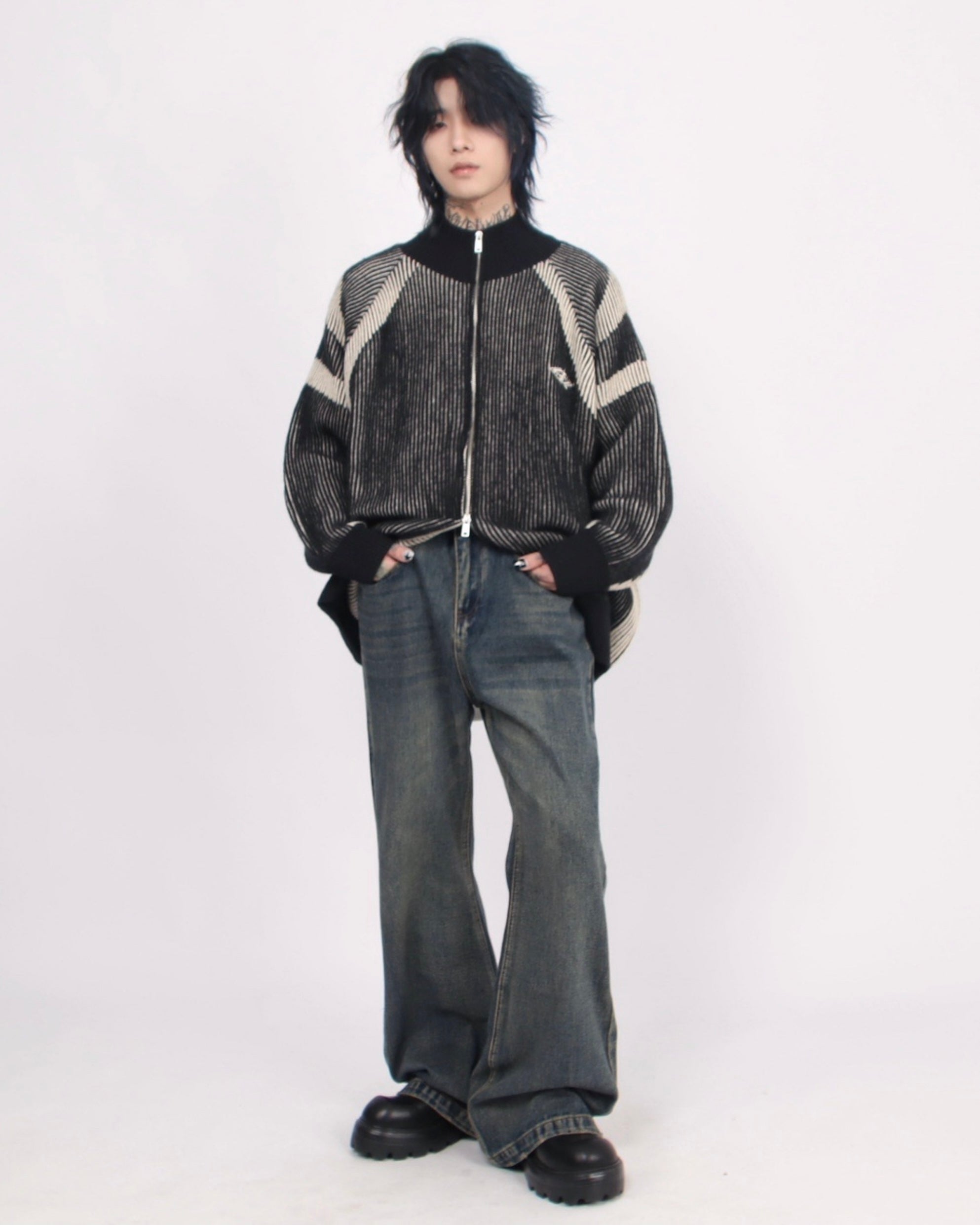 【評価★4.8以上／Tops】Two-Tone Stripe Zip Knit Cardigan mry001918