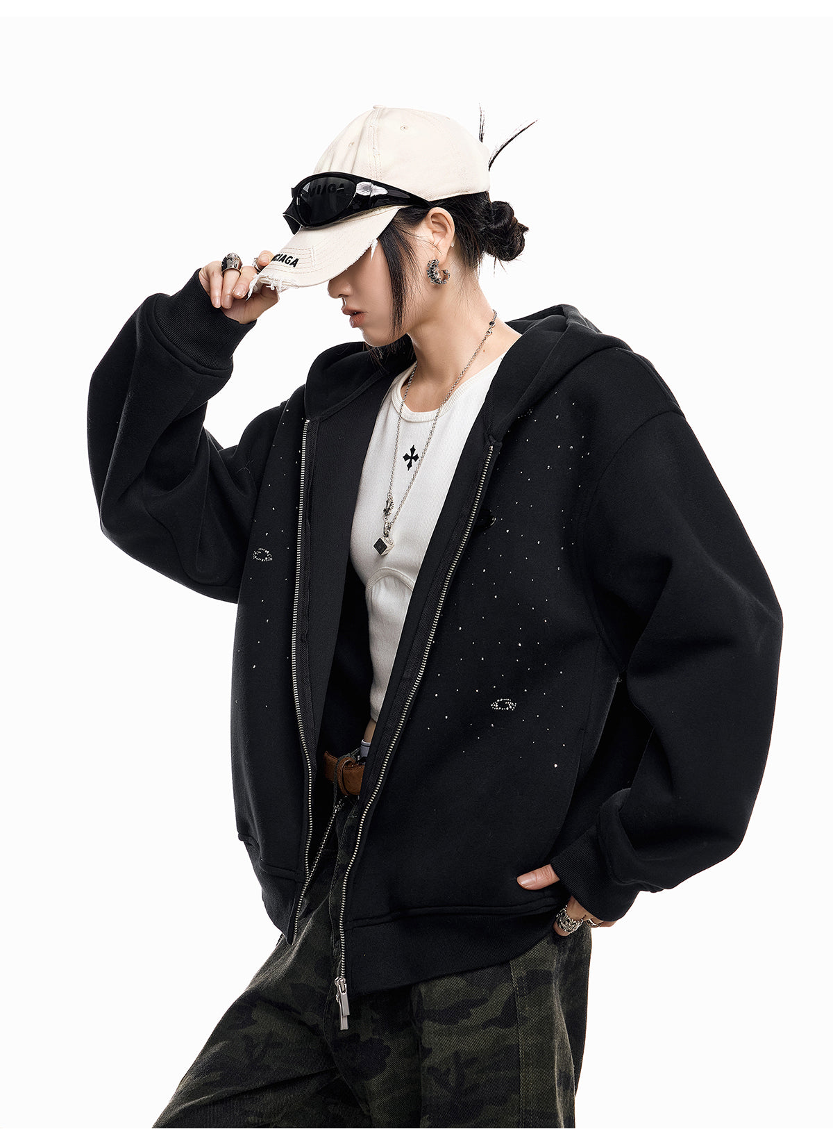 【評価★4.8以上／高品質】Rhinestone Embellished Oversized Zip Hoodie mry001898
