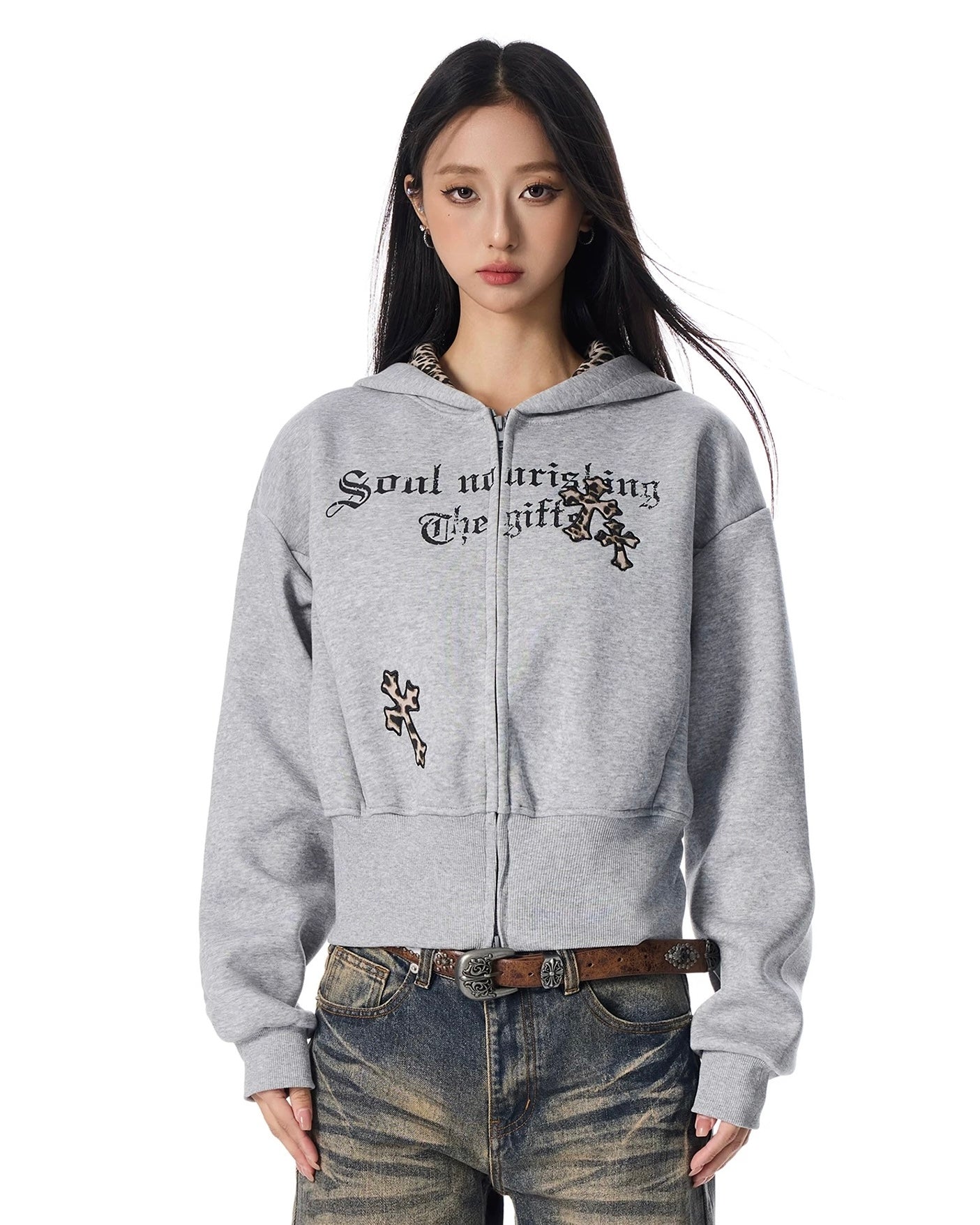【評価★4.8以上／Tops】Leopard Lined Gothic Cross Zip Hoodie mry001904