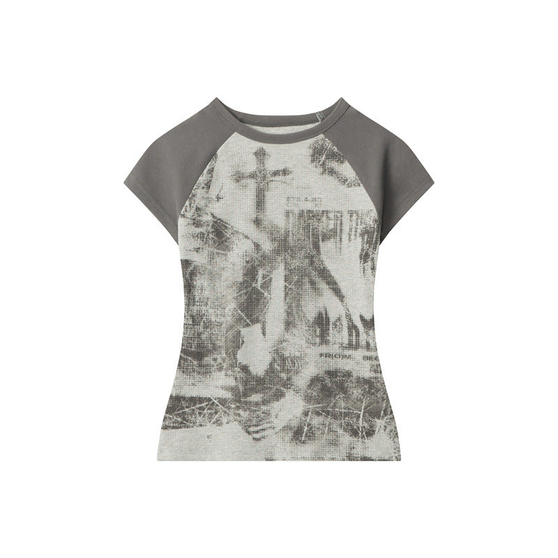 【2color】Distressed Cross Graphic Fitted T-Shirt mry001714