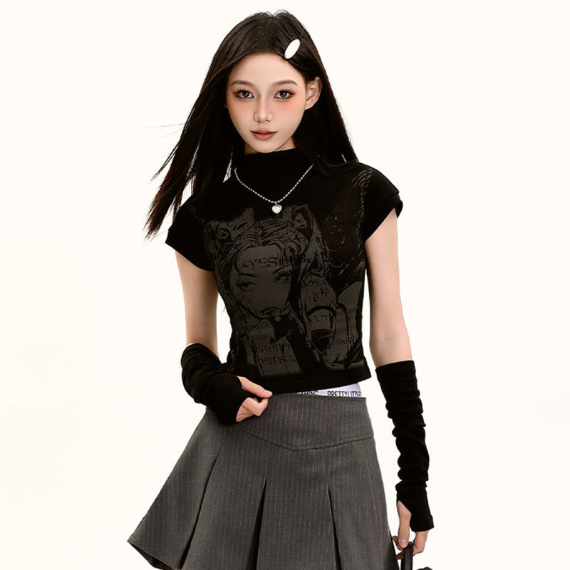 【2color】Cyber Graphic Mock Neck T-Shirt mry001713