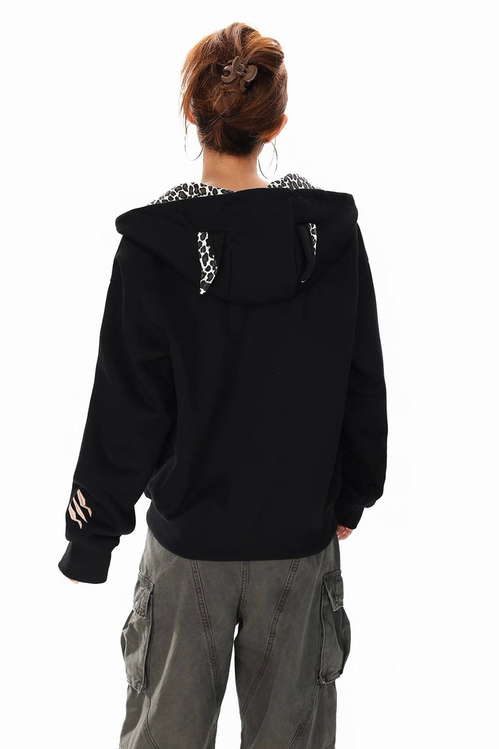 Leopard Cat Ear Zip Hoodie mry002296