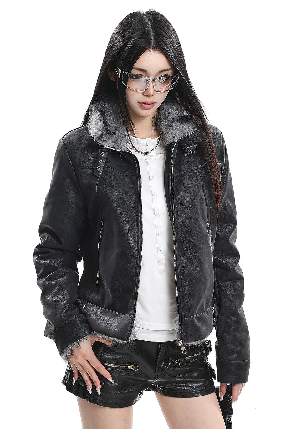 Faux Leather Fur Jacket mry002178