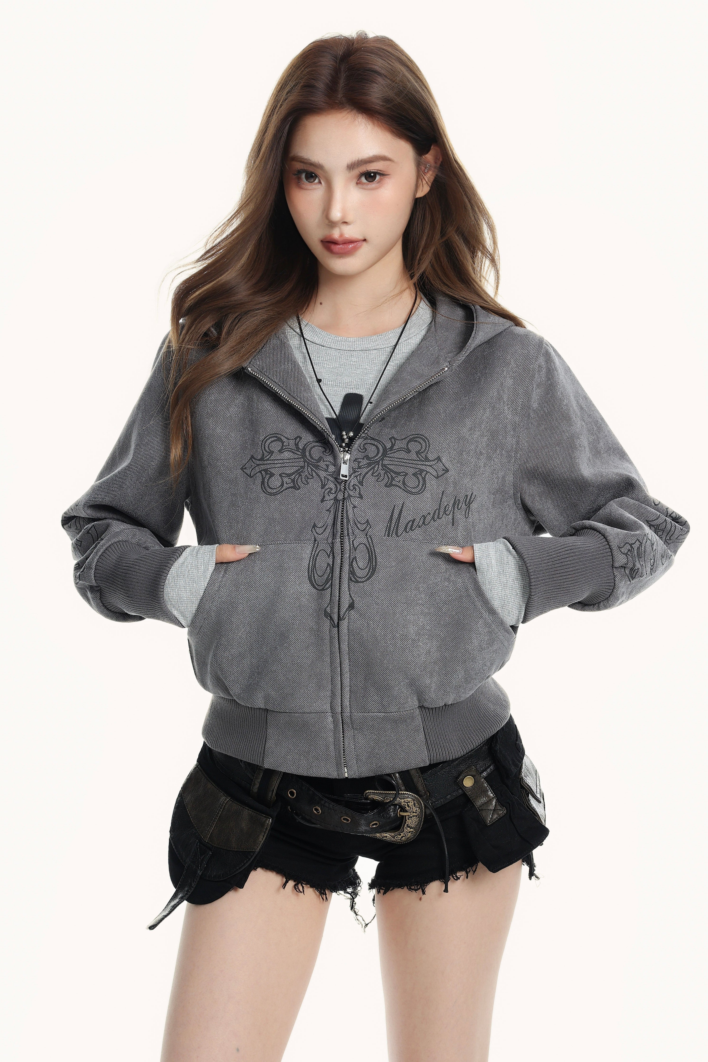 Washed Graphic Zip-Up Hoodie mry002153