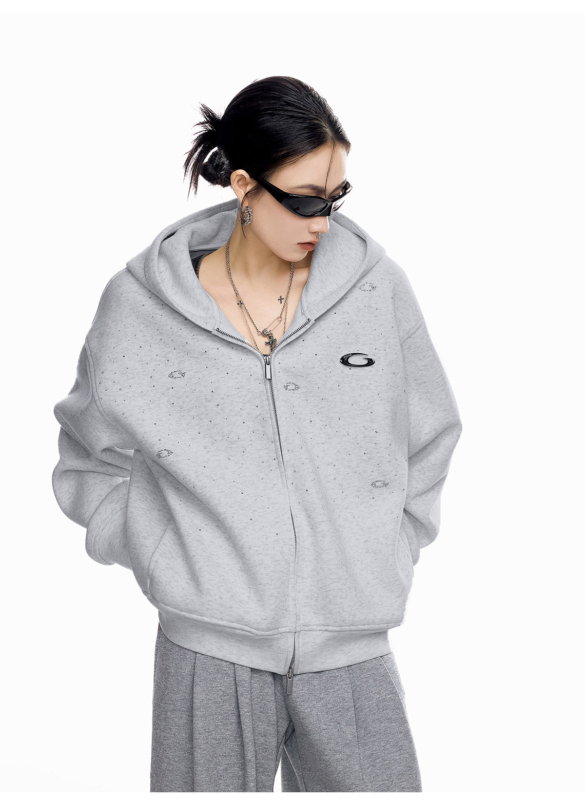 【評価★4.8以上／高品質】Rhinestone Embellished Oversized Zip Hoodie mry001898