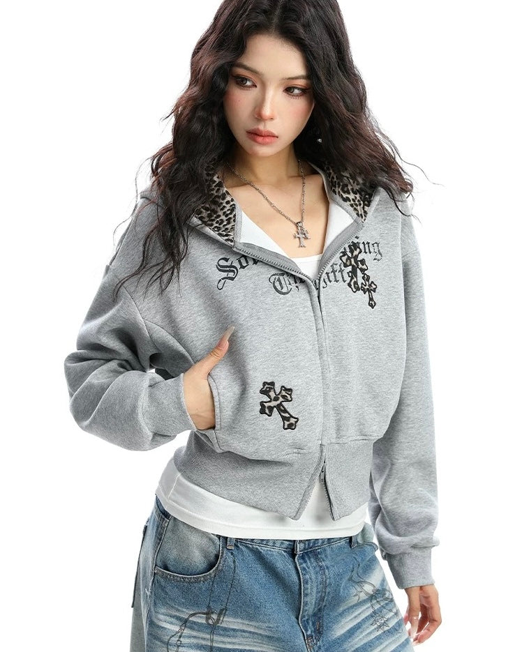 【評価★4.8以上／Tops】Leopard Lined Gothic Cross Zip Hoodie mry001904