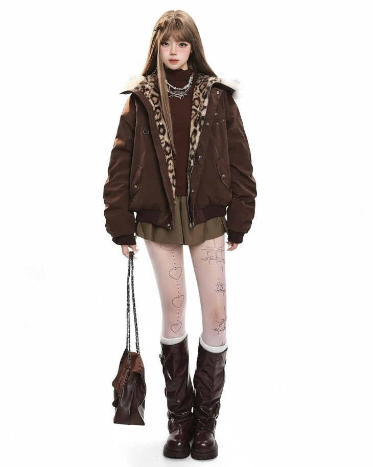 Leopard Lined Fur Hood Jacket mry002015