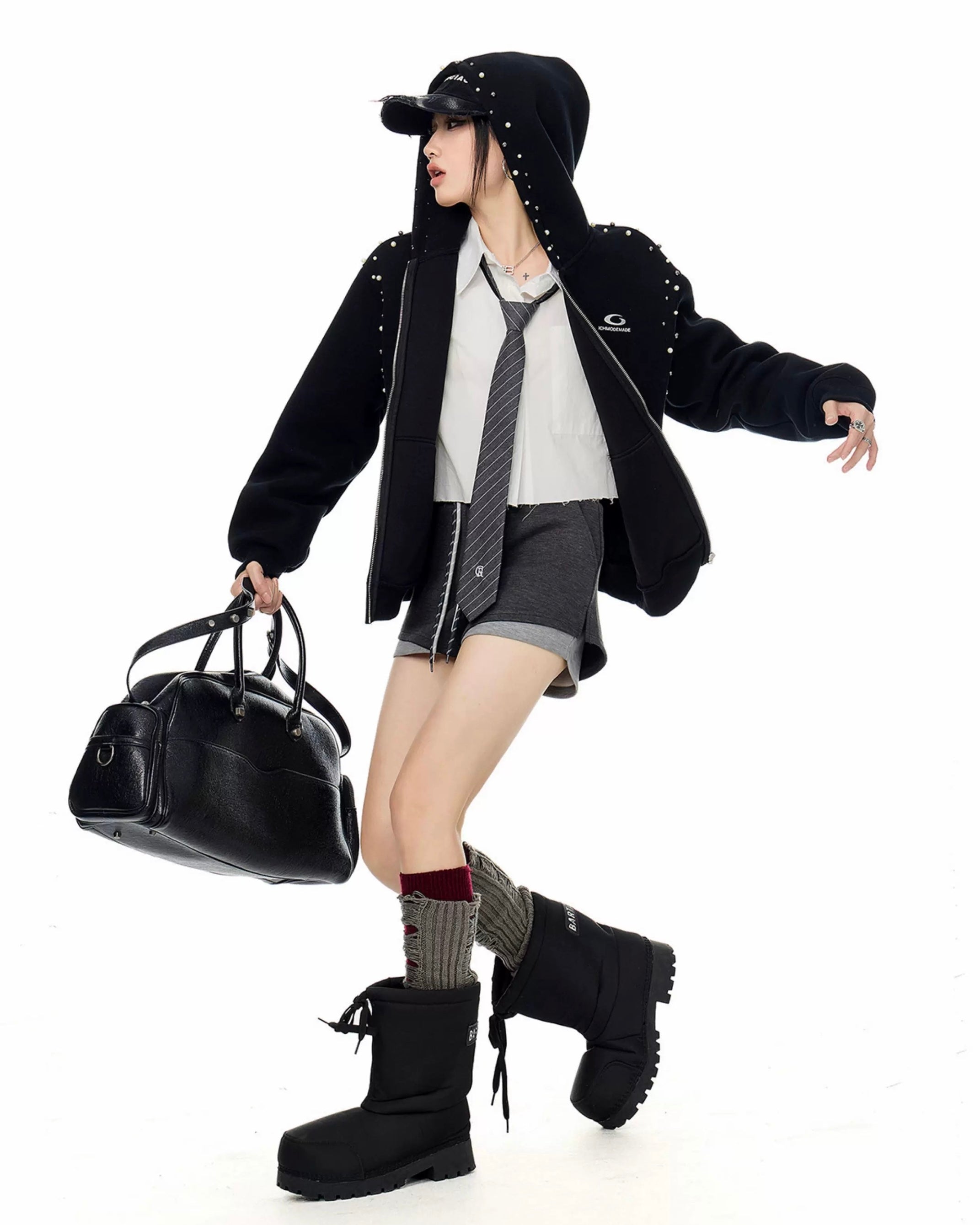 【Tops】Pearl Studded Oversized Zip Hoodie mry001895