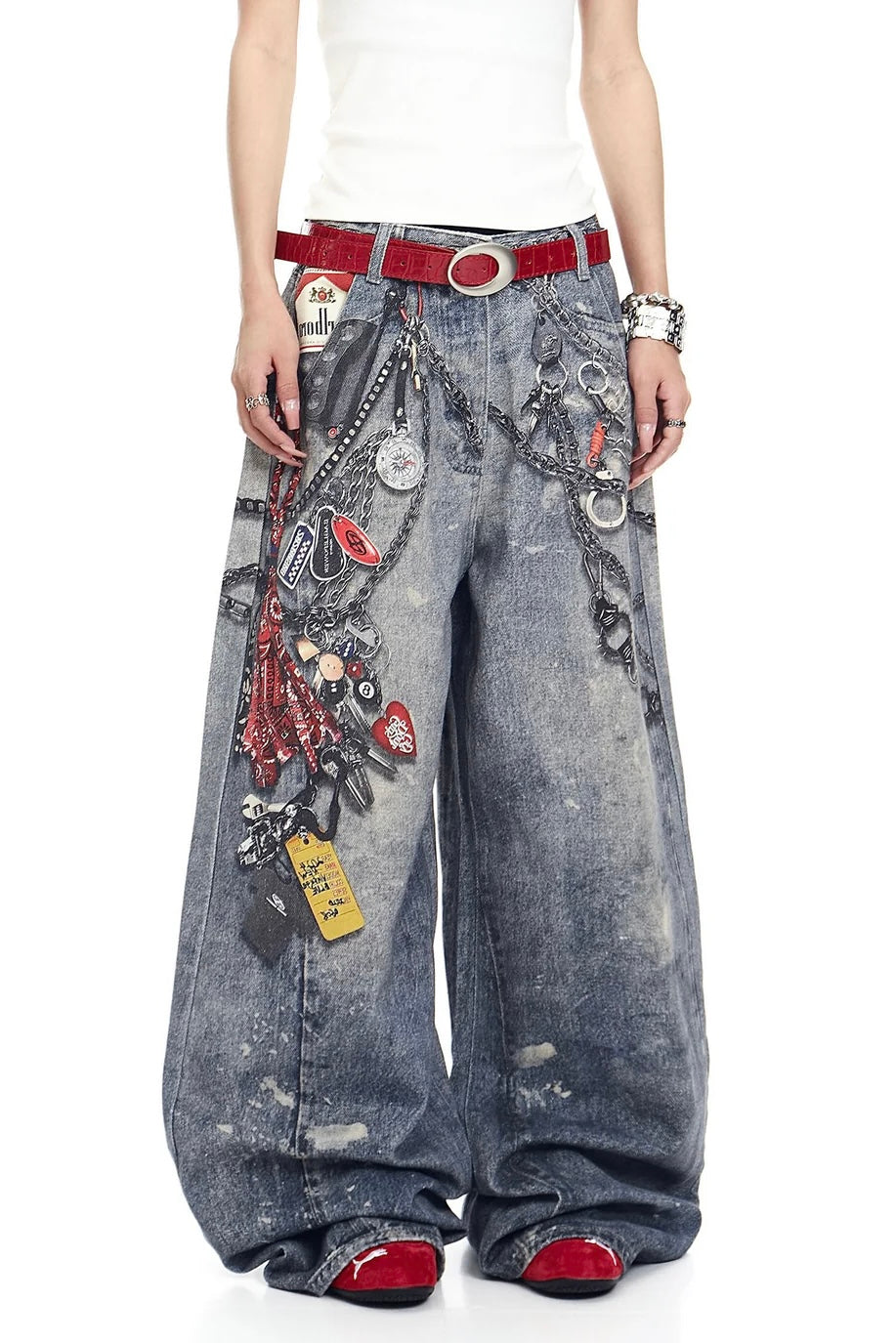 【COVER:FIT】Retro Keychain Graphic Wide Denim Pants mry001919