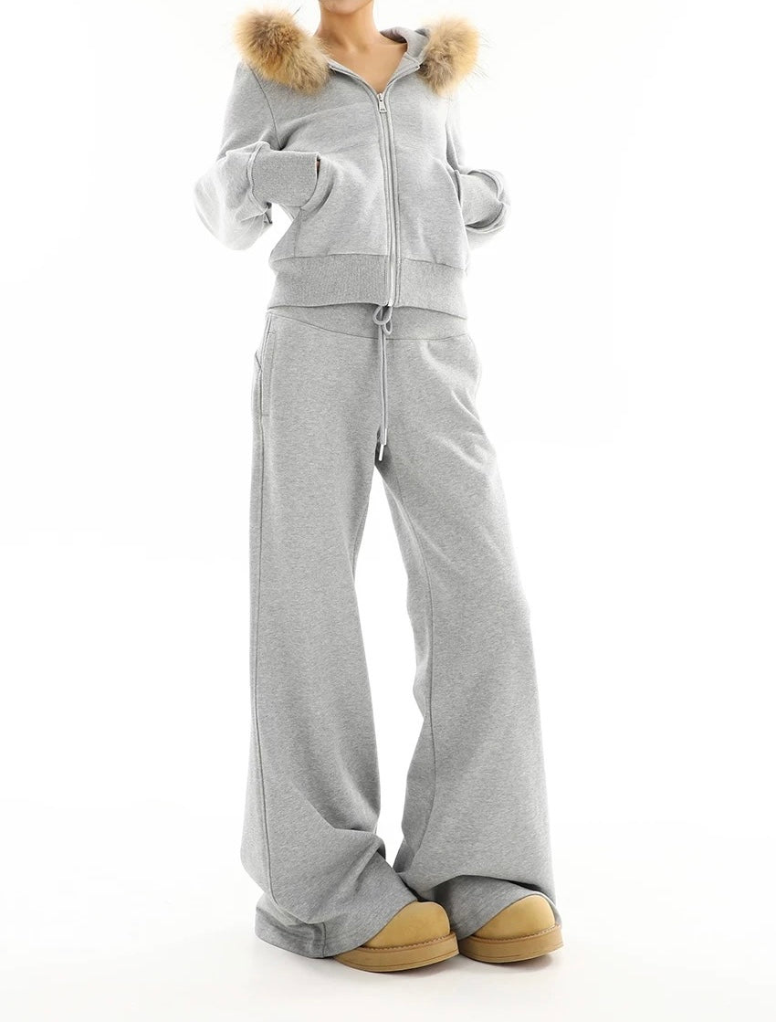 【Set-Up】Fur Hood Zip-Up & Wide-Leg Sweatpants Set-Up mry001892