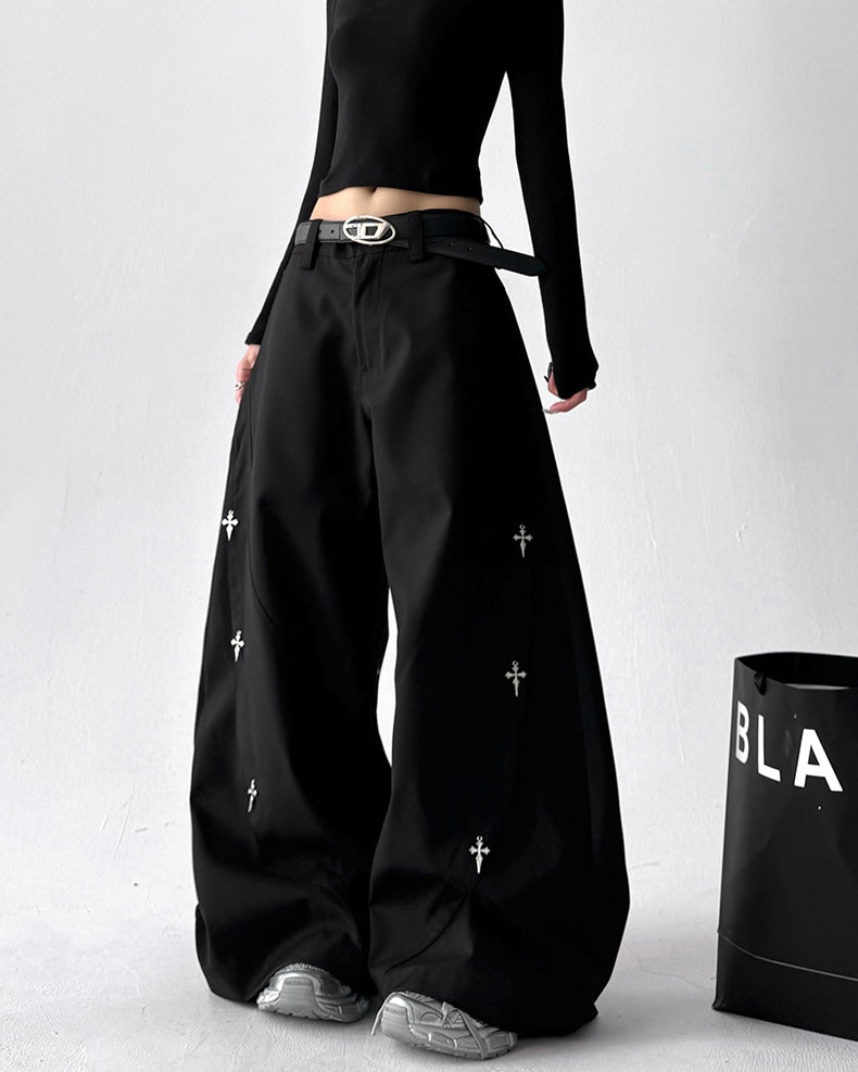 【COVER:FIT】 Cross Embroidery Wide-Leg Black Pants mry001871