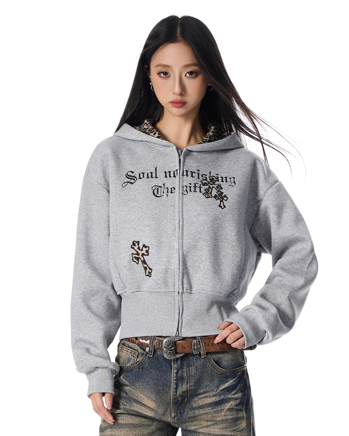 【評価★4.8以上／Tops】Leopard Lined Gothic Cross Zip Hoodie mry001904
