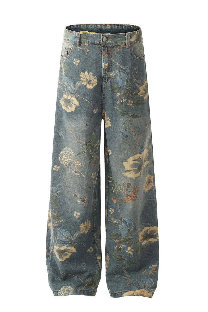 Vintage Floral Wide-Leg Denim Pants mry001734